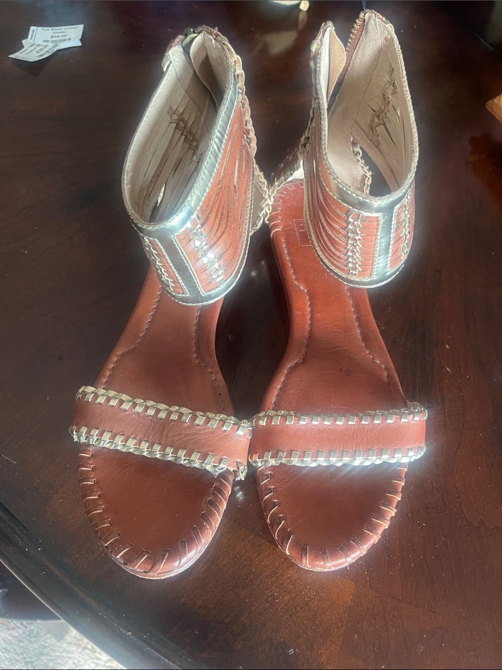 Frye Tan Leather Ankle-Strap Sandals with Silver Trim
